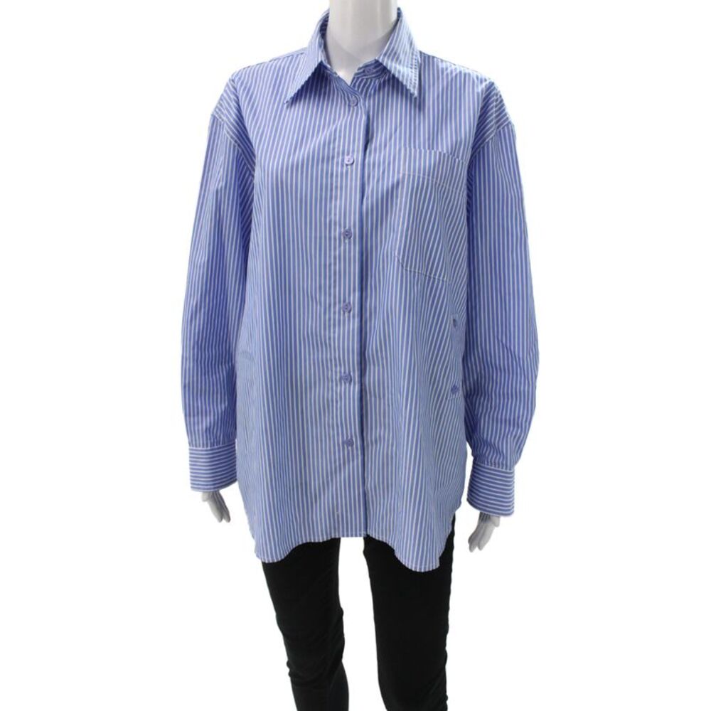 Mijeong Park Women Striped Cotton Button-Up Top Blue Long Sleeve Size S